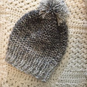 Hand knit ski hat stocking hat grey and metallic